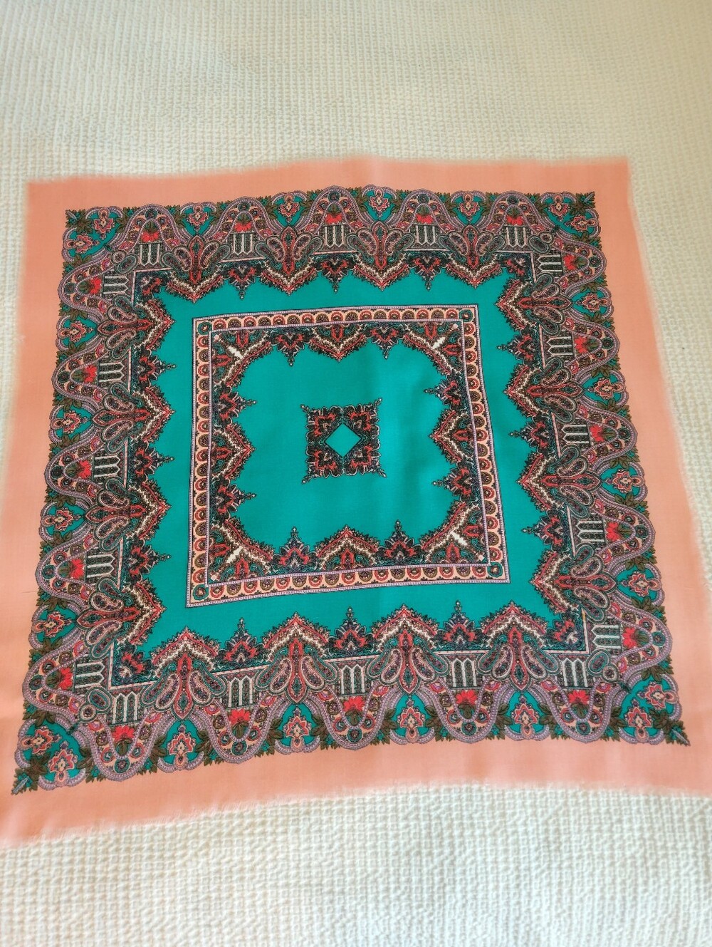 Turquoise and Peach Ornate Paisley Square Scarf 29X30 Inches